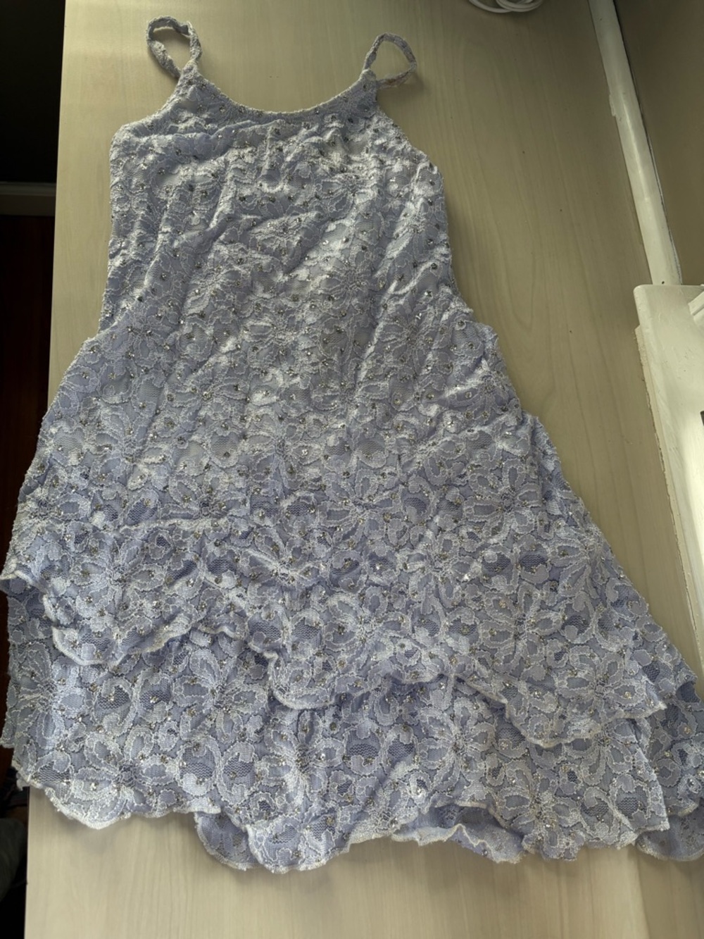 Lace Tiered child dance costume sequins Spaghetti Strap Dress in Light Lavender